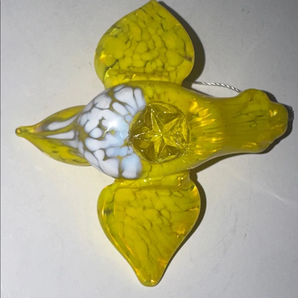 Bird Hanging Ornament yellow and white speckled glass handblown 4” long
